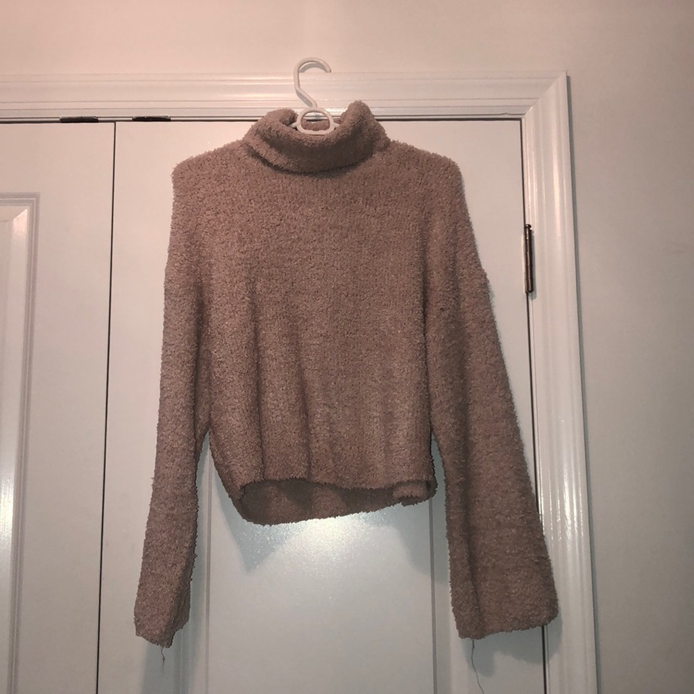 tan fuzzy turtleneck